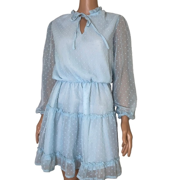 Dress swiss dot baby blue long puff sleeve tiered lined elastic waist SZ SM mini - Picture 3 of 9